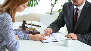 Lawyer explaining document to client with gavel and scales on desk.
